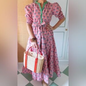 Printfresh Pink Floral Maxi Dress with Green Details